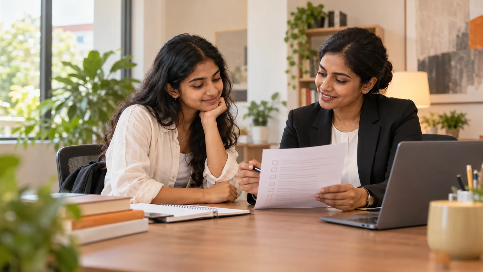 Education adviser and student reviewing options