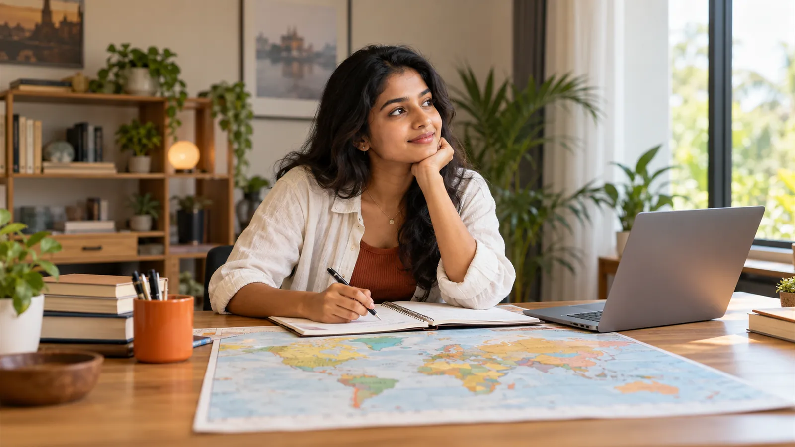 Student comparing study destinations at a desk