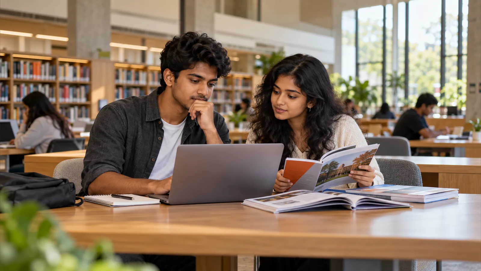 Students comparing university courses in a library