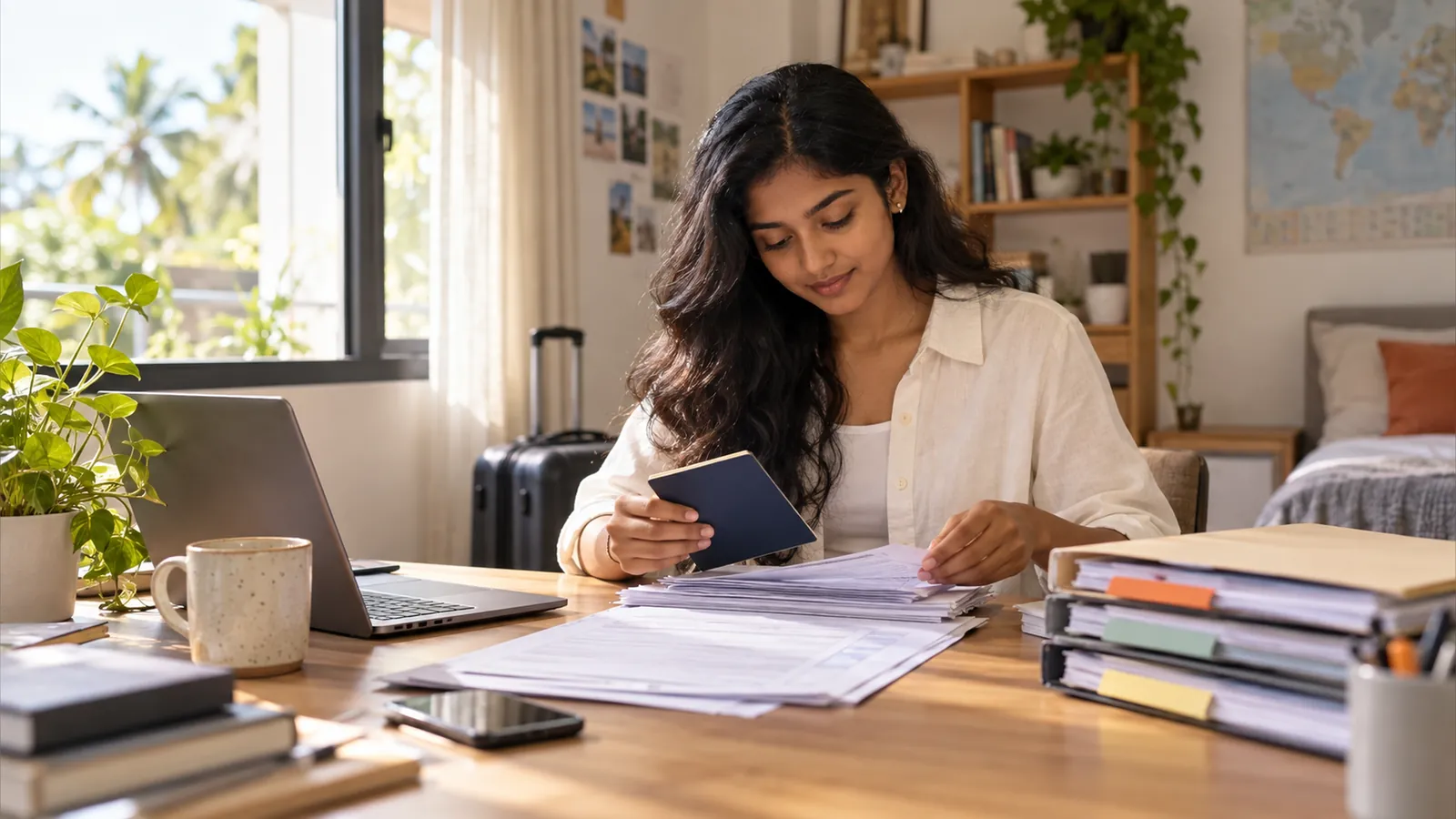 Student organizing visa application documents